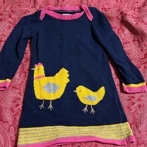 BABY BODEN cotton / cashmere navy dress with chicken motif. 18-24m